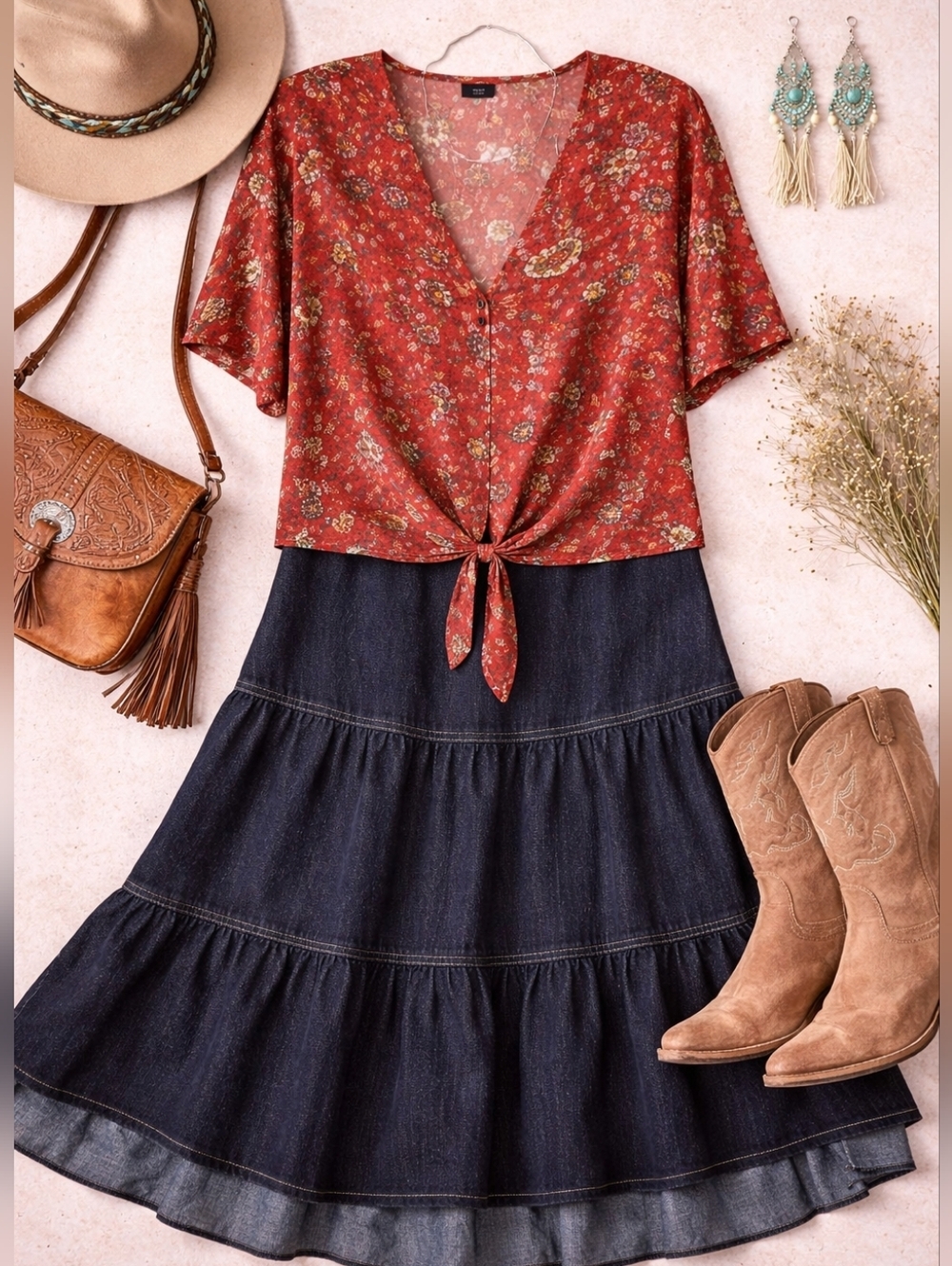 Karen Kane Red Floral Tie-Front Blouse Boho Western 2XL